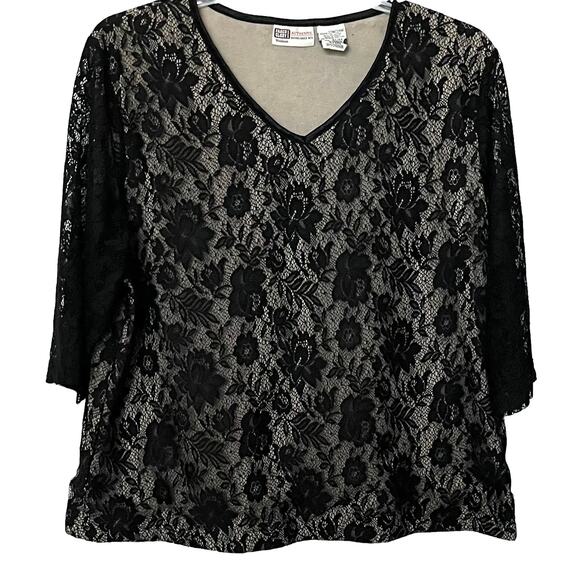 FADED GLORY WOMAN 3/4 SLV PULL-OVER LACE OVERLAY BLOUSE, WOMENS, 22W/24W-TAN BLK - Picture 1 of 11